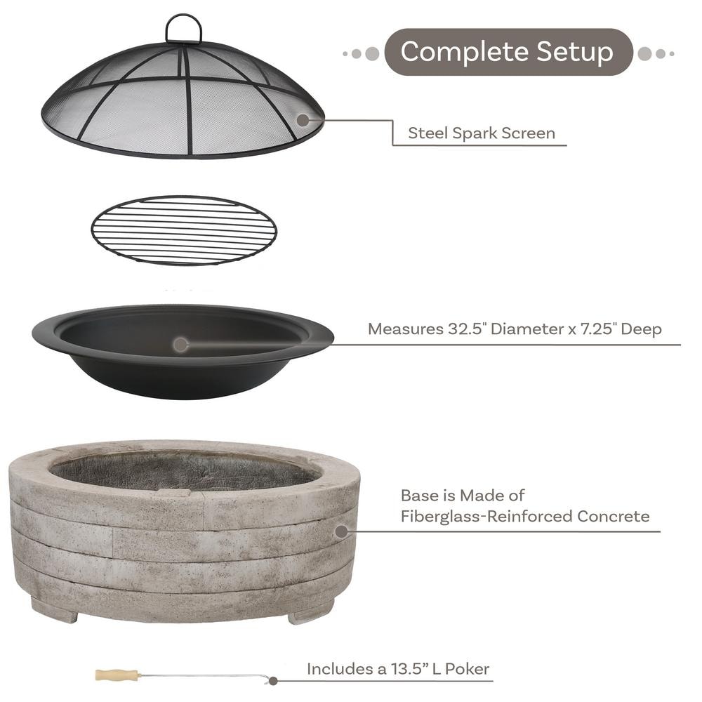Large Round Gray Faux Stone Wood-Burning Fire Pit with Handles