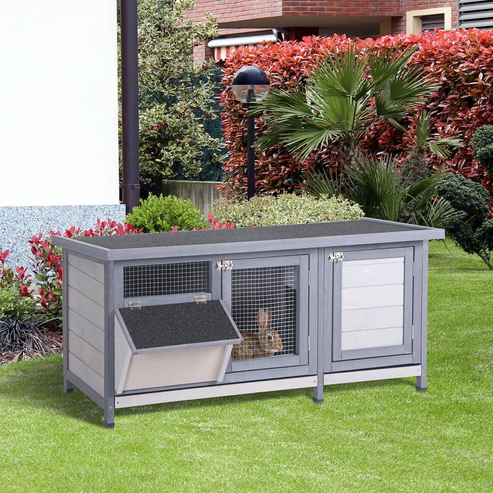 Gray Wooden Outdoor Guinea Pig Hutch with Waterproof Roof