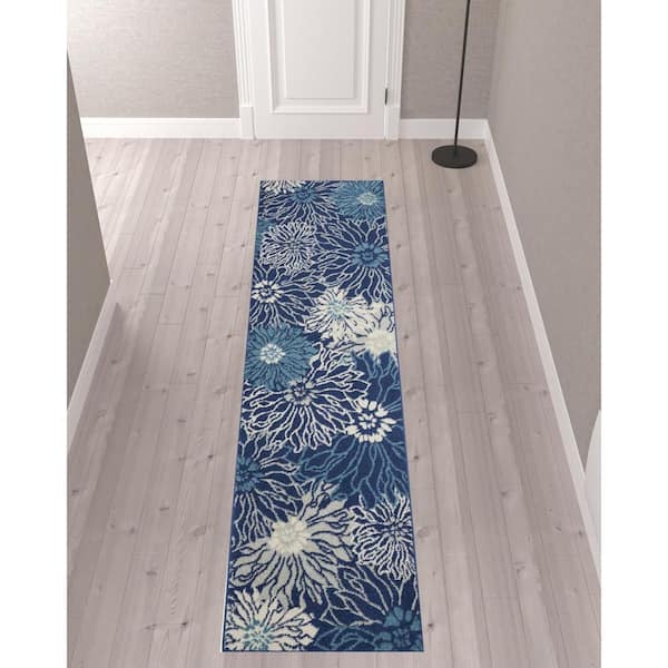 Navy Blue 2 ft. x 10 ft. Floral Power Loom Runner Rug