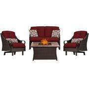 Ventura 4-Piece All-Weather Wicker Patio Conversation Set with Tile-Top Fire Pit with Crimson Red Cushions