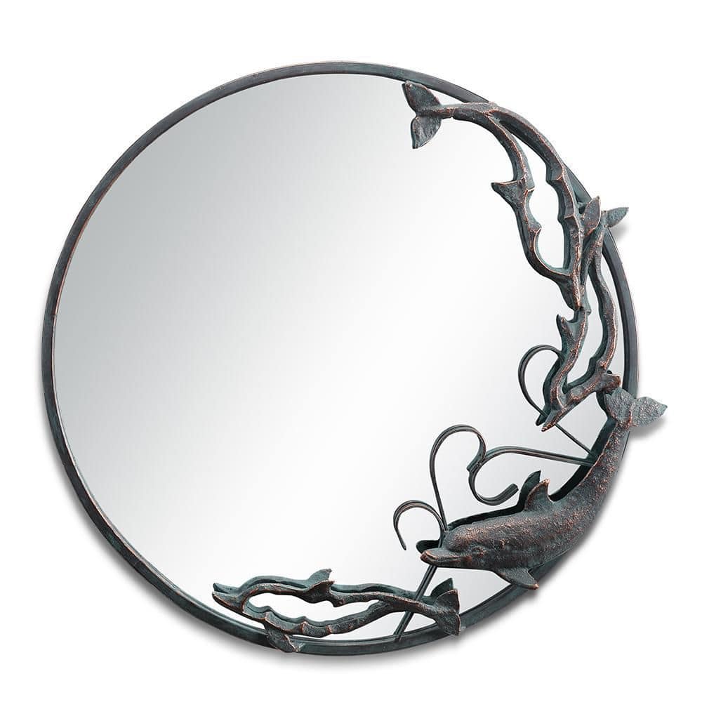 22 in. W x 22 in. H Dolphin Round Framed Antique Bronze Mirror