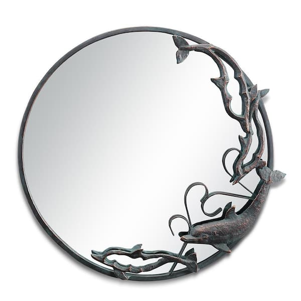 Unbranded 22 in. W x 22 in. H Dolphin Round Framed Antique Bronze Mirror