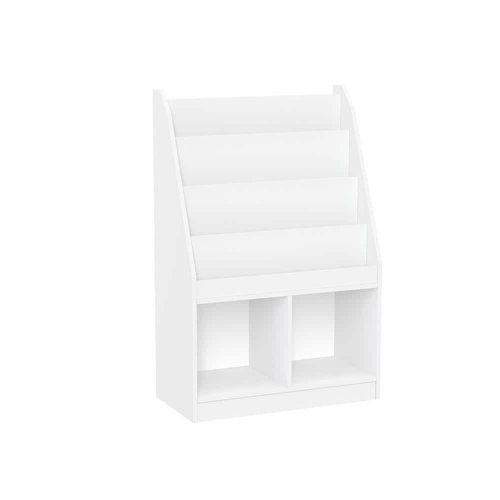 23.5 in. Wide White Kids Bookshelf and Toy Storage Organizer with 4 Bookracks and 2-Cubbies for Playroom