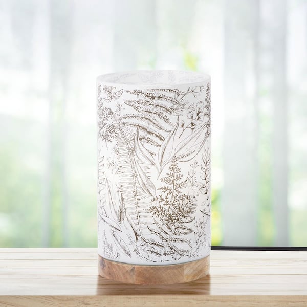 River of Goods Madison 10.5 in. Brown Block Base Accent Lamp with White and Black Floral Glass Shade