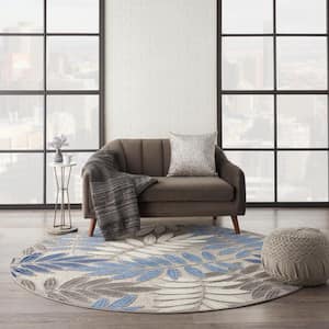 Aloha Gray/Blue 8 ft. x 8 ft. Round Floral Contemporary Indoor/Outdoor Patio Area Rug