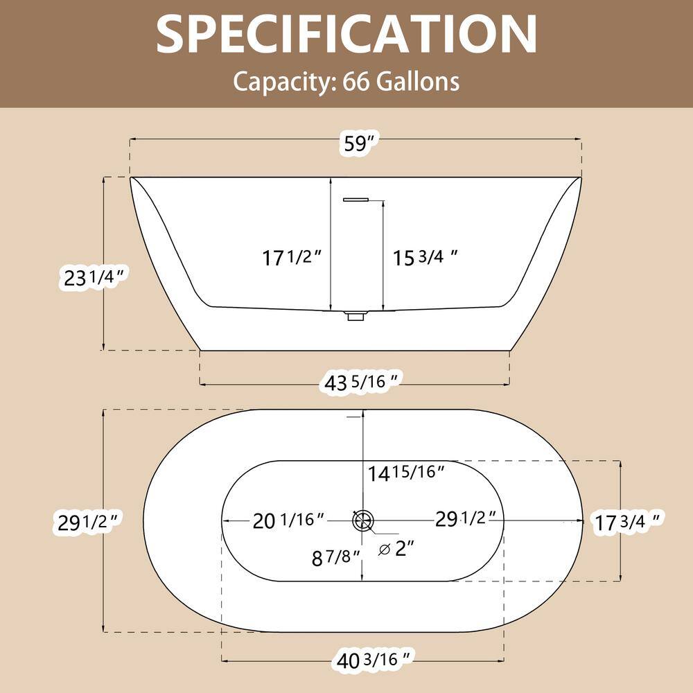 59'' White Acrylic Freestanding Soaking Bathtub