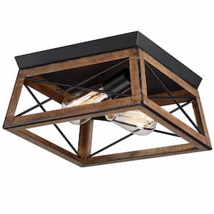 12 in. 2-light Modern Brown Metal Flush Mount Ceiling Light with Wood Grain Finish