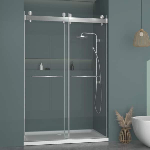 Hpeytaire 60 in. W x 78 in. H Double Sliding Frameless Glass Shower Door with Soft-Closing System in Brushed Silver with 5/16 in.