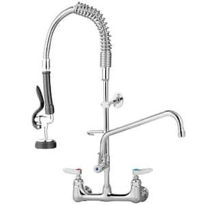 Commercial Wall Mount Triple Handle Pull Down Sprayer Kitchen Faucet with Pre-Rinse Sprayer Stainless Steel in Silver