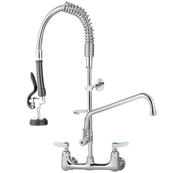 VEVOR Commercial Wall Mount Triple Handle Pull Down Sprayer Kitchen Faucet with Pre-Rinse Sprayer Stainless Steel in Silver