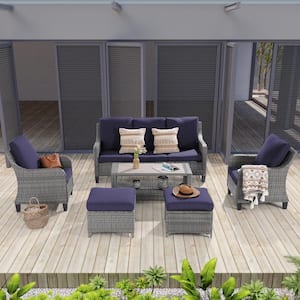 6-Piece Patio Outdoor Conversation Set with Thickening Ottomans Coffee Table, Navy Blue Cushion