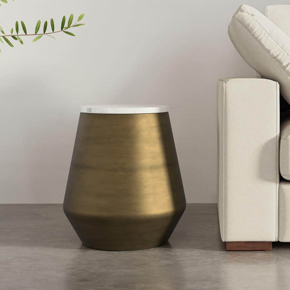 Benning White Marble and Antique Brass Round Side Table