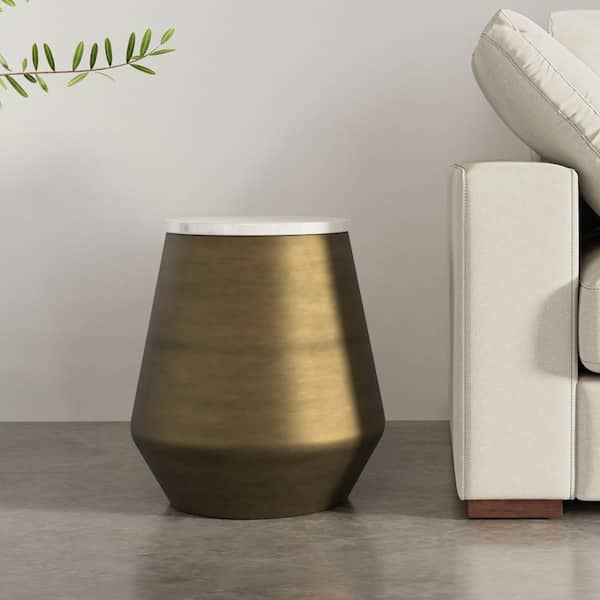 Simpli Home Benning Modern Contemporary 16 in. Wide Round Metal Side End Table in White /Antique Brass, Fully Assembled