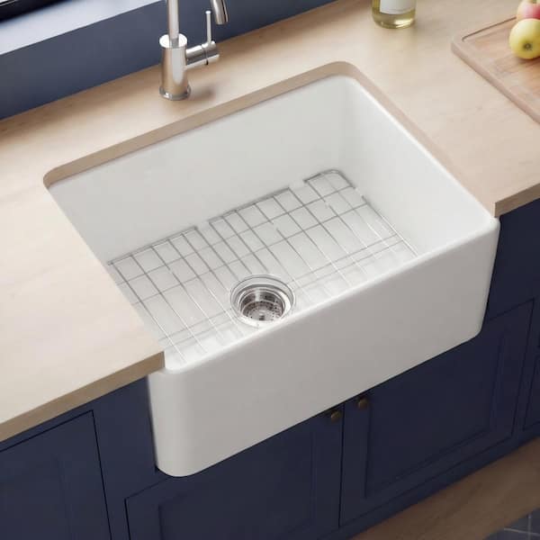 Farmhouse Series 24 in. Apron Front Kitchen Sink Single Bowl White Fireclay Sink with Bottom Grids and Drain Barn Sink