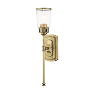 Billingham 4.5 in. 1-Light Antique Brass Single Sconce with Clear Seeded Glass