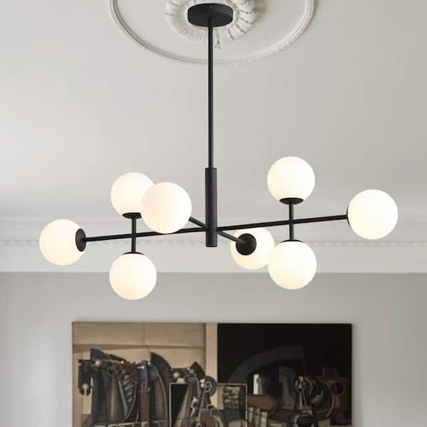 HUOKU Dimma 8-Light Black 43 in. W Large Linear Chandelier for Kitchen Island with Opal Glass Shade (Bulb Not Included)