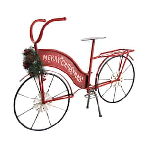 25 in. Tall Red Iron Lighted Merry Christmas Bicycle Decor