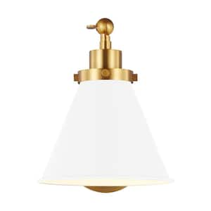 Wellfleet 7.25 in. W 1-Light Matte White/Burnished Brass Single Arm Cone Task Wall Sconce with Steel Shade