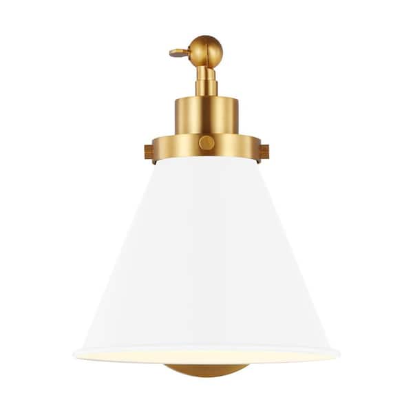 Generation Lighting Wellfleet 7.25 in. W 1-Light Matte White/Burnished Brass Single Arm Cone Task Wall Sconce with Steel Shade