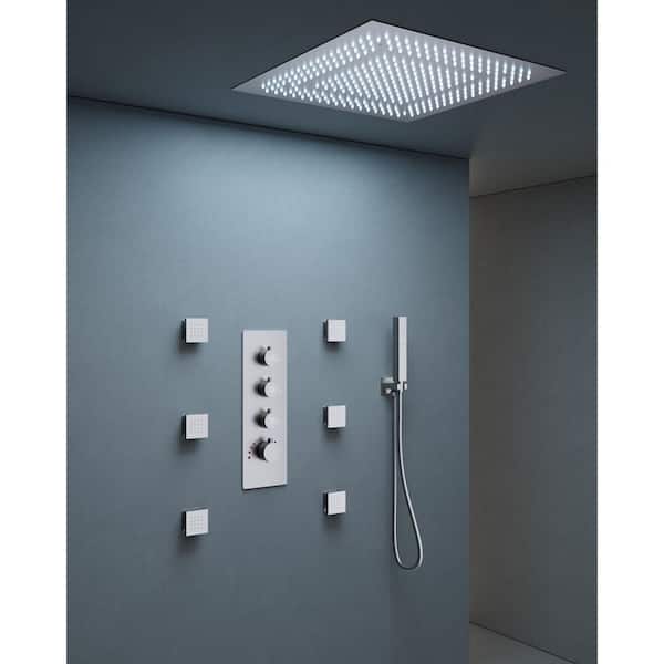 YAWWALK Thermostatic Valve 7-Spray 20 in. Ceiling Mount LED Mood Lighting Dual Shower Head and Handheld Shower in Brushed Nickel