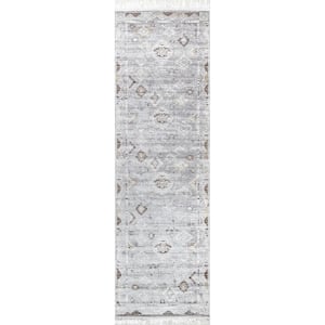 Arvin Olano Venice Fringed Silver 3 ft. x 8 ft. Indoor/Outdoor Patio Runner Rug