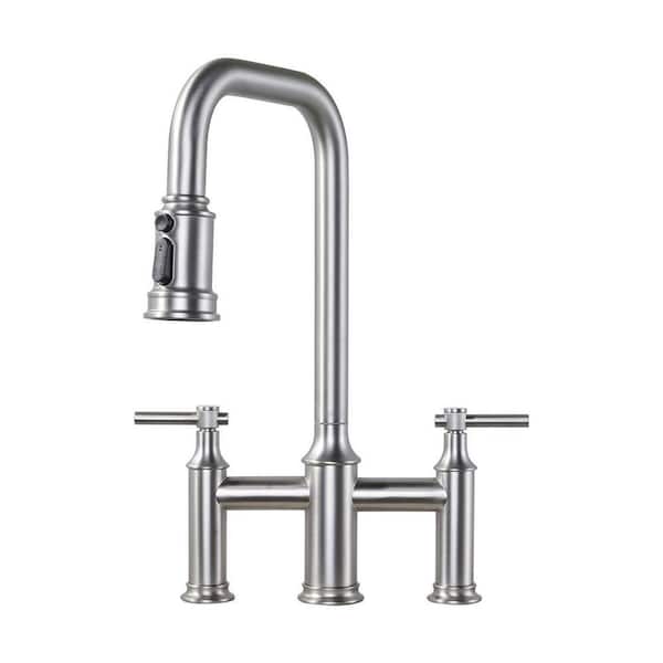 3-Holes Double Handle Brass Bridge Kitchen Faucet with 3-Modes Pull-Down Sprayer and High Arc Spout in Brushed Nickel