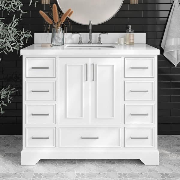 ARIEL Stafford 43 in. W x 22 in. D x 36 in. H Single Sink Freestanding Bath Vanity in White with Pure White Quartz Top