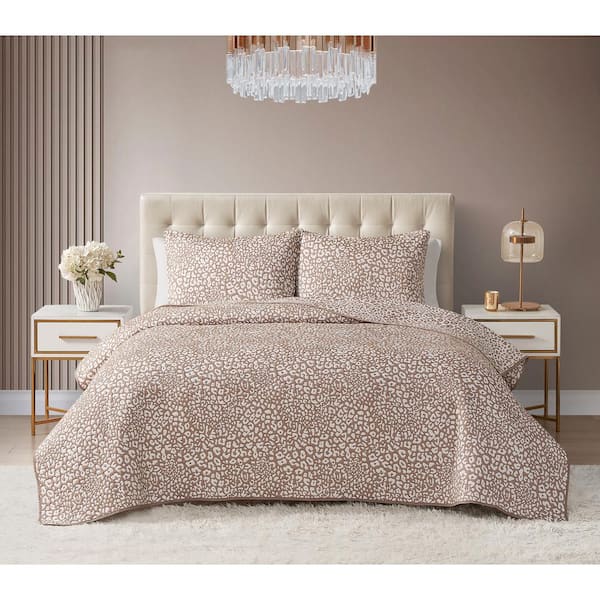 DESIGN STUDIO Leopard Cocoa 3-Piece All-Season Soft Woven Matelasse Jacquard Reversible Cotton Blend Quilt Set - Full/Queen