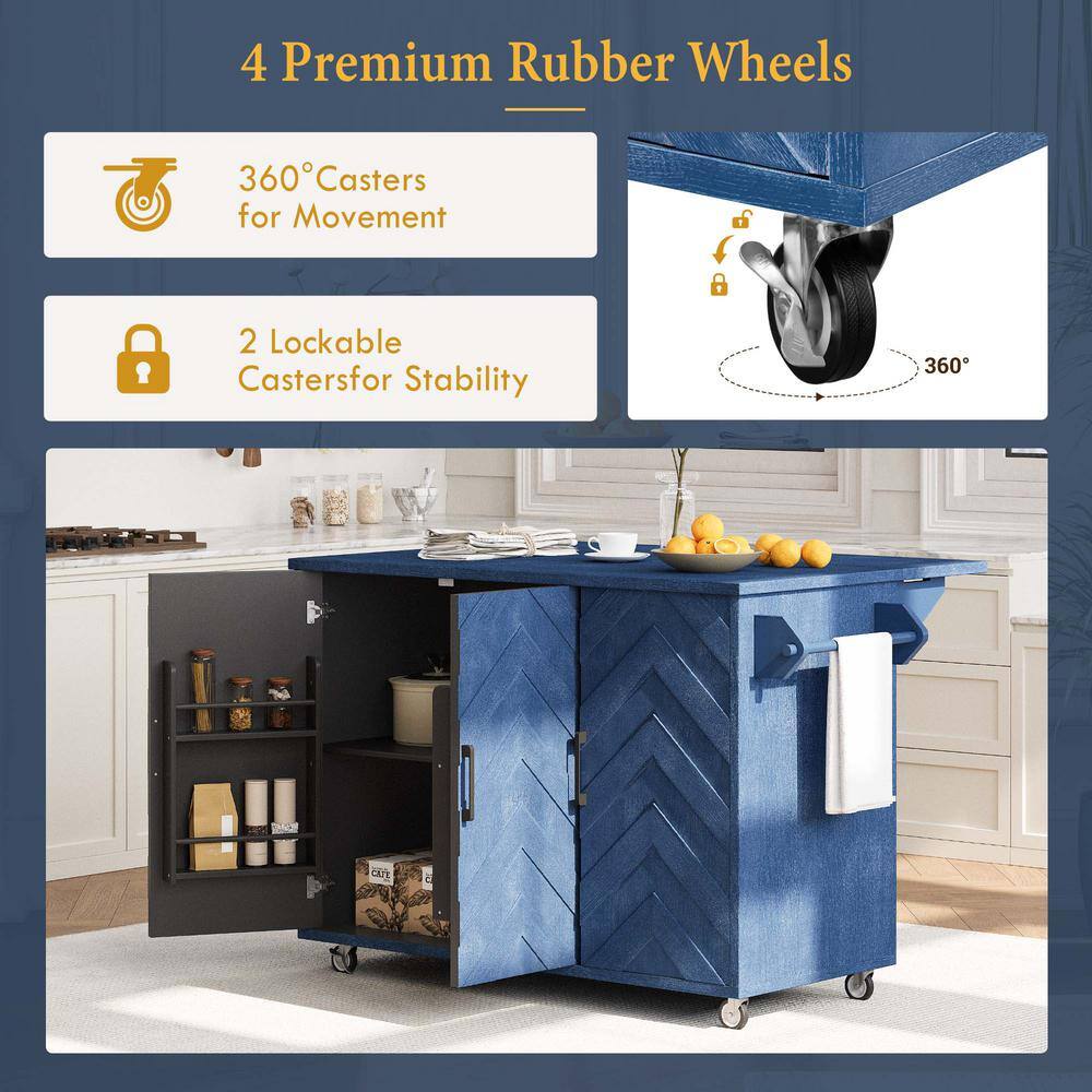 Navy Blue Wood 51.2 in. Farmhouse Kitchen Island with Drop Leaf