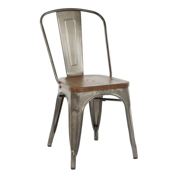OSP Home Furnishings Indio Metal Chair with Vintage Ash Walnut Wood Seat and Matte Gunmetal (Set of 4)