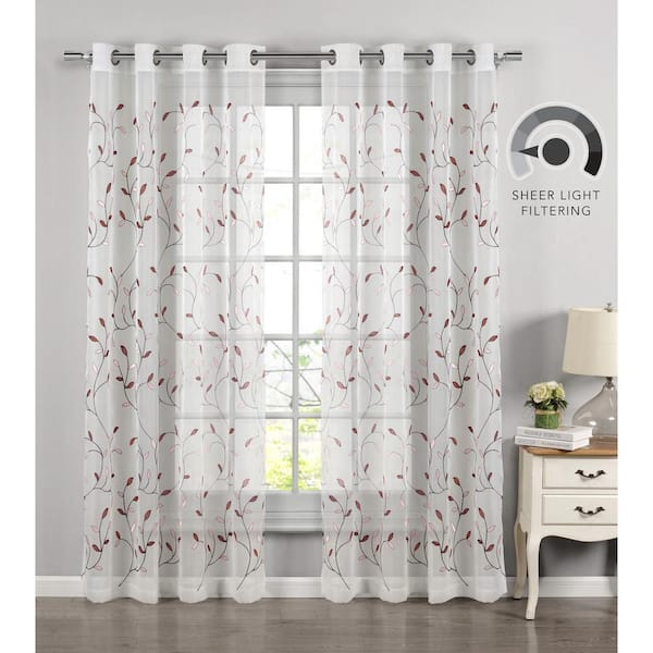 Creative Home Ideas Wavy Leaves Red Polyester Faux Linen 54 In W X 63 L Embroidered Grommet Sheer Curtain Single Panel Ymc021774 The
