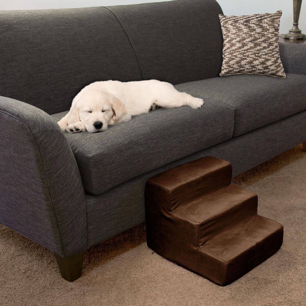 Brown 3-Step High-Density Foam Pet Stairs with Microfiber Cover