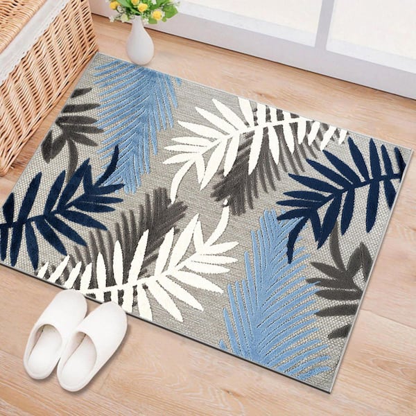 Evora Palm Frond Blue 2 ft.  x  3 ft.  Indoor/Outdoor Area Rug