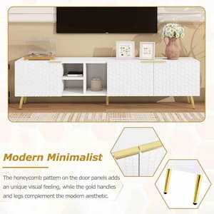 Modern White/Gold TV Stand Fits TV's Up to 80 in. with Metal Handles and Gold Legs, Storage Cabinets