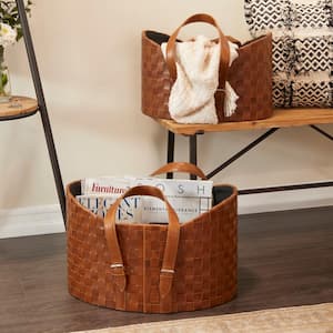 Brown Leather Modern 14 in. and 12 in. Storage Basket (Set of 2)