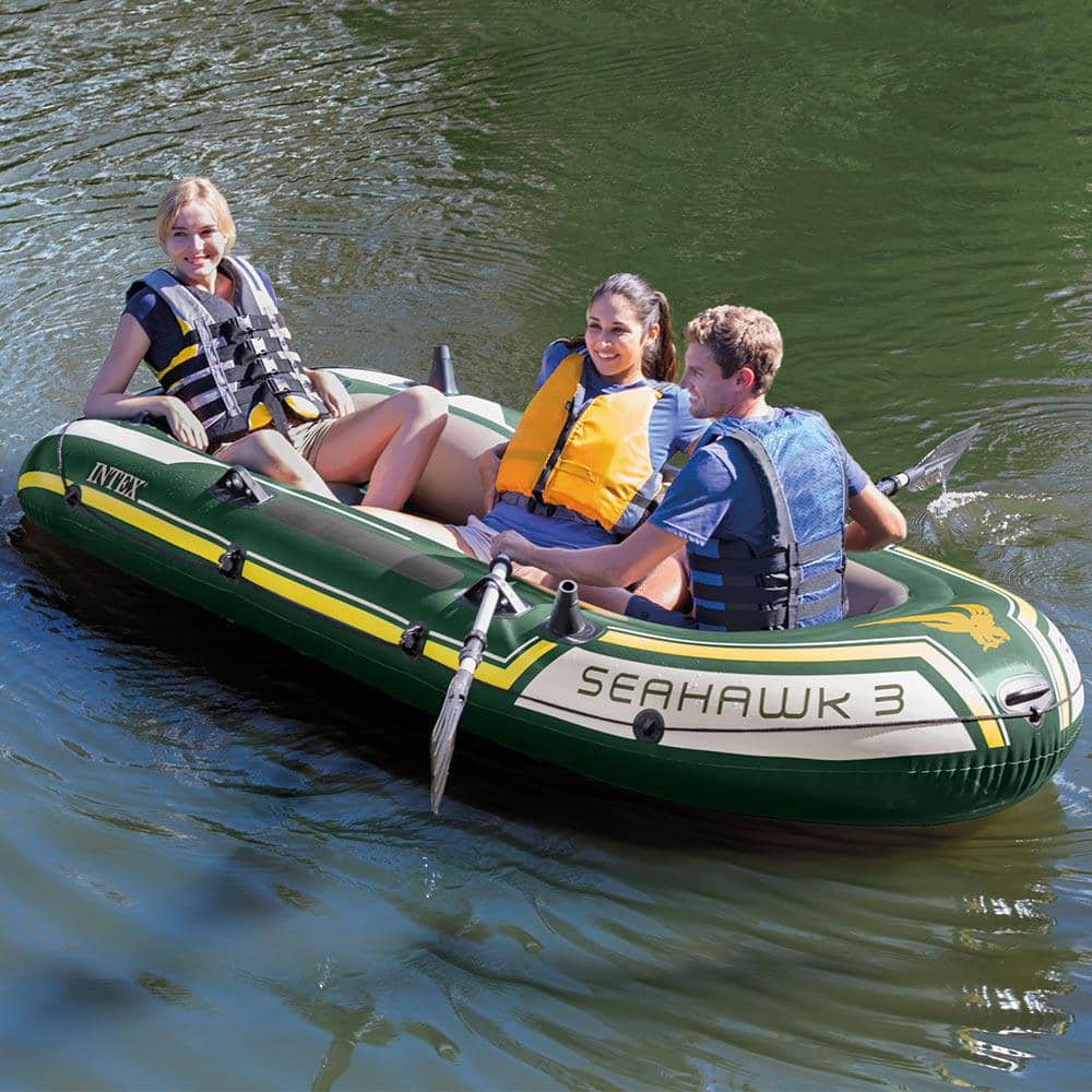 Seahawk 3-Person Green Inflatable Boat Set with Aluminum Oars