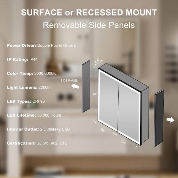 Forclover 30-in x 28-in Lighted LED Fog Free Surface Mount Lavender Mirrored Soft Close Medicine Cabinet with Outlet