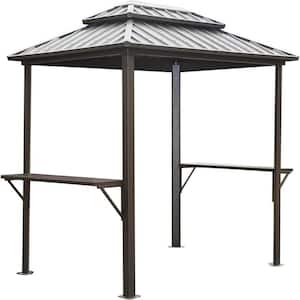 Grill Gazebo 8 ft. x 6 ft. Aluminum BBQ Outdoor Metal Frame Shelves Serving Table Double Roof Hard top for Lawn Backyard