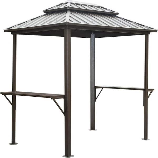Mondawe Grill Gazebo 8 ft. x 6 ft. Aluminum BBQ Outdoor Metal Frame Shelves Serving Table Double Roof Hard top for Lawn Backyard