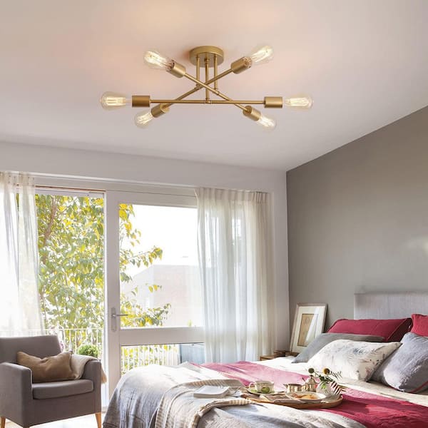 6-Light Ceiling Light Fixture Gold Finish Sputnik Chandelier with Industrial Metal Arms (Bulbs Not Included)