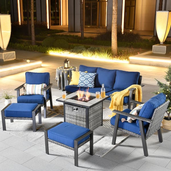 HOOOWOOO Walden Grey 6-Piece Wicker Steel Outdoor Patio Conversation Sofa Set with a Fire Pit and Navy Blue Cushions