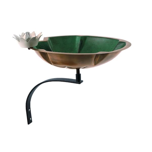 Lilypad Green Birdbath w/White Flower and Wall Mount Bracket, 13.75 in. Tall, Antique Copper Plated