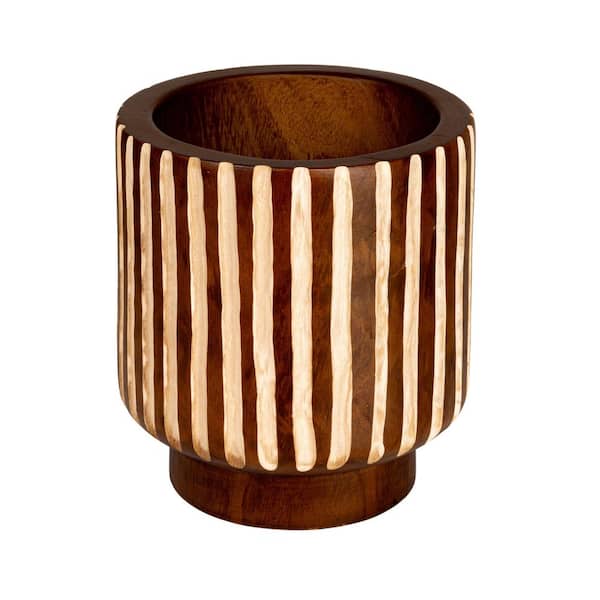 Zion 24.8 Qt. Walnut Hand-Carved Wood Planter with Stripes (11 in. L x 11 in. W x 11.8 in. H)