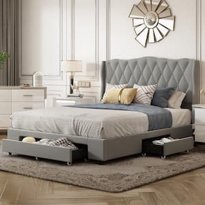 Gray Wood Frame Queen Size Velvet Upholstered Platform Bed with Tufted Headboard and 3-Drawers