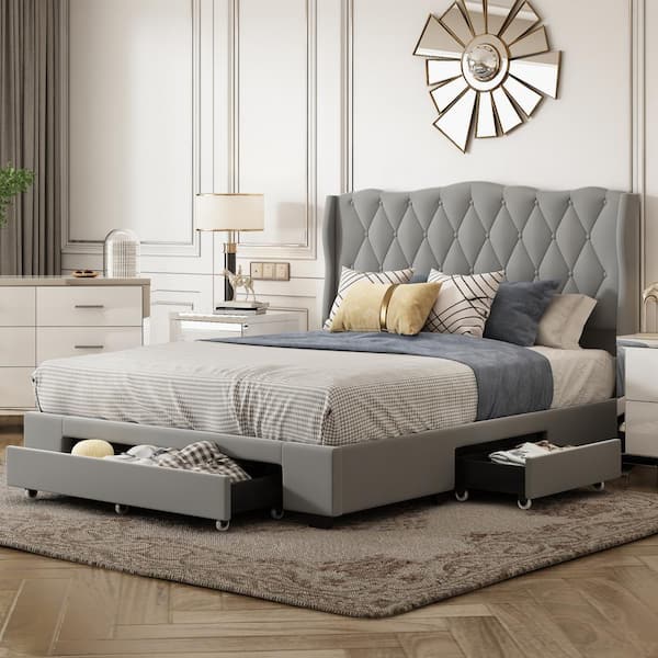 Harper & Bright Designs Gray Wood Frame Queen Size Velvet Upholstered Platform Bed with Tufted Headboard and 3-Drawers