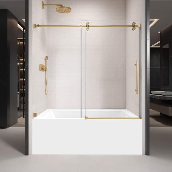 grossag 60 in. W x 66 in. H Frameless Sliding Tub Door in Brushed Gold with 3/8 in. (10mm) Tempered Clear Glass