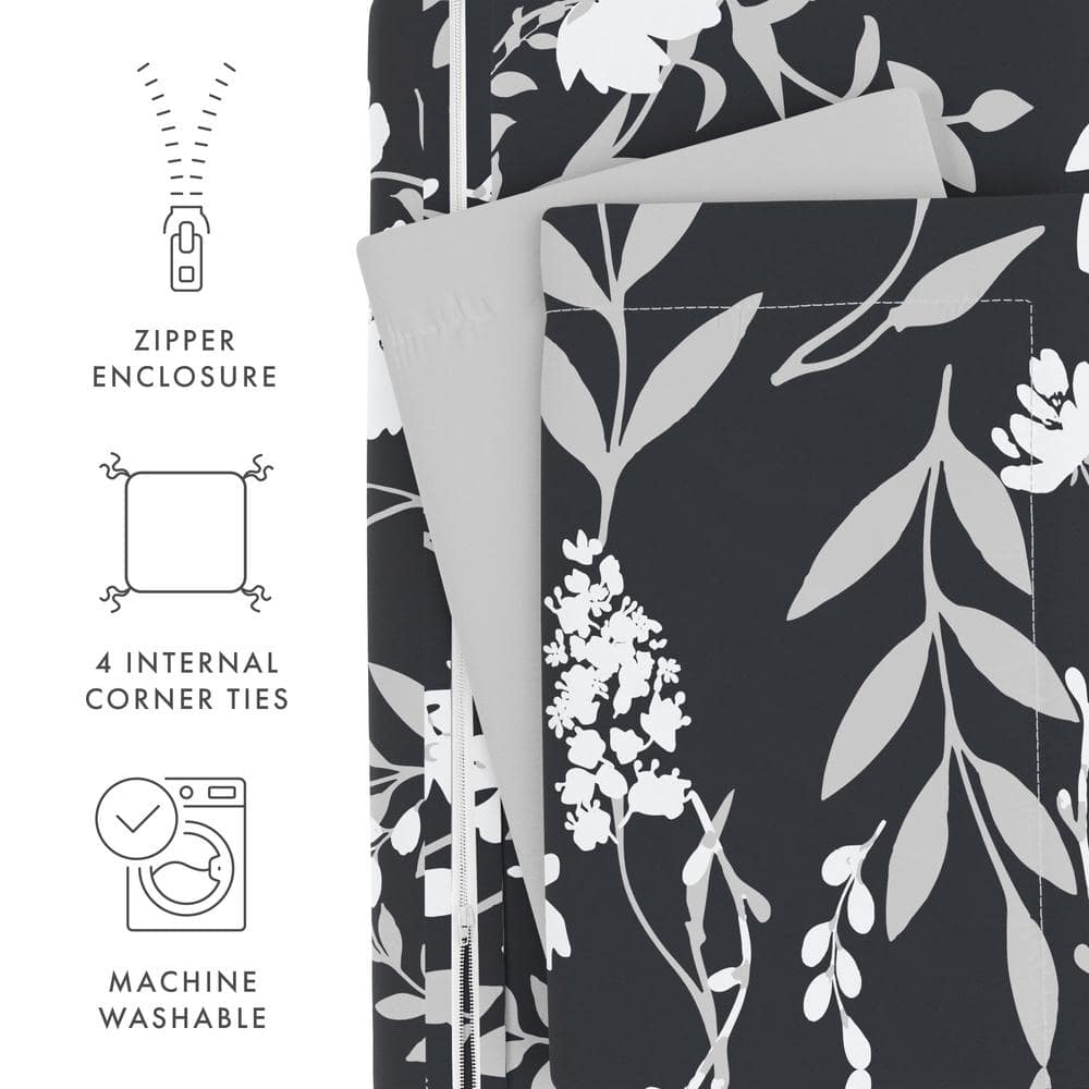 Black and White Floral Print King Microfiber Duvet Cover Set