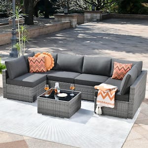 Sanibel Gray 7-Piece Wicker Outdoor Patio Conversation Sofa Sectional Set with Black Cushions