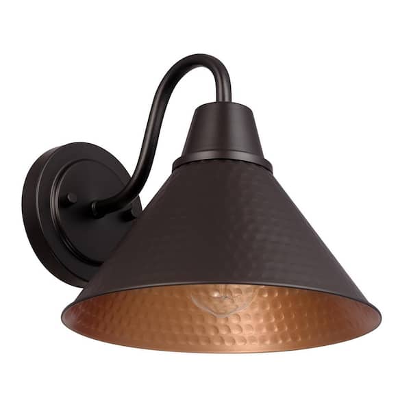 1-Light Bronze Outdoor Wall Sconce with 9 in. Hammered Metal Painted Gold Interior Warehouse Shade