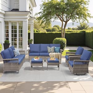 Nyajiah 6-Piece Wicker Outdoor Patio Conversation Set with Blue Cushions